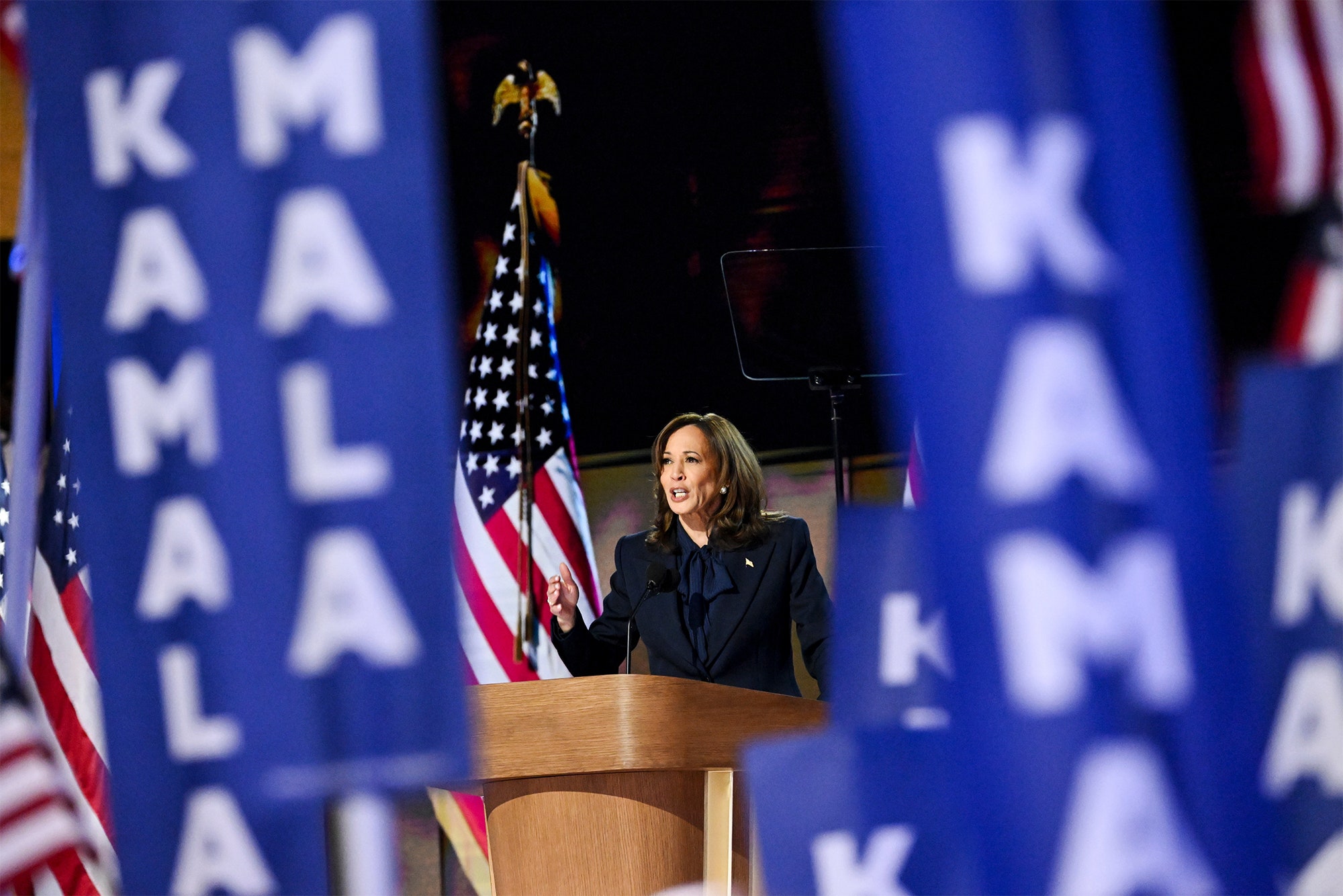 Image may contain Kamala Harris Crowd Person Flag Adult People Audience Electrical Device Microphone and Speech